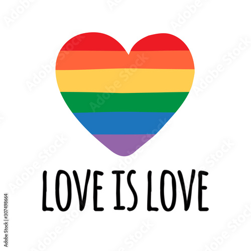 Vector hand drawn doodle sketch lgbt rainbow flag heart and love is love lettering isolated on white background