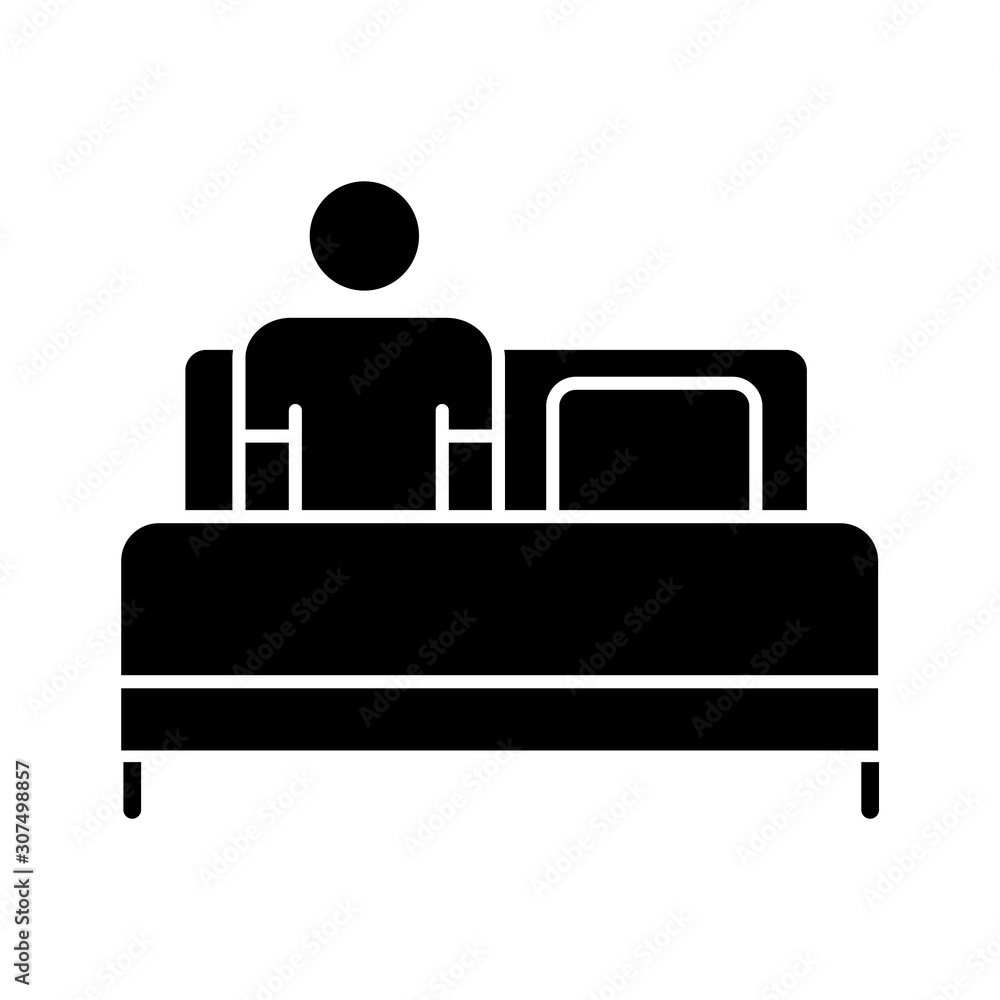 Bed rest glyph icon. Man relaxing under blanket. Common cold aid. Healthcare. Leisure and comfort. Person unwell in bedroom. Silhouette symbol. Negative space. Vector isolated illustration Bed rest glyph icon. Man relaxing under blanket. Common cold aid. Healthcare. Leisure and comfort. Person unwell in bedroom. Silhouette symbol. Negative space. Vector isolated illustration