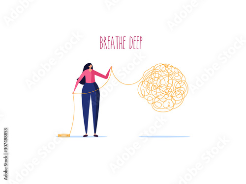 Psychotherapy session, psychological consultation and abstract problems concept. Woman solves a psychological problem in depression. Vector illustration in cartoon design