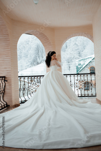 The bride stands in a dress with a long train and veil. A young princess in an expensive, luxurious dress with a long train stands with her back to the camera. Stylish Fashion