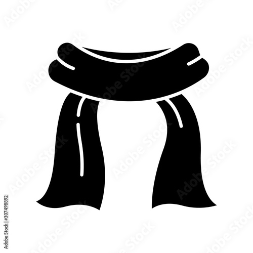 Neck scarf glyph icon. Cold weather cloth. Winter garment. Common cold aid. Healthcare. Fashion neckerchief. Grippe precaution. Silhouette symbol. Negative space. Vector isolated illustration