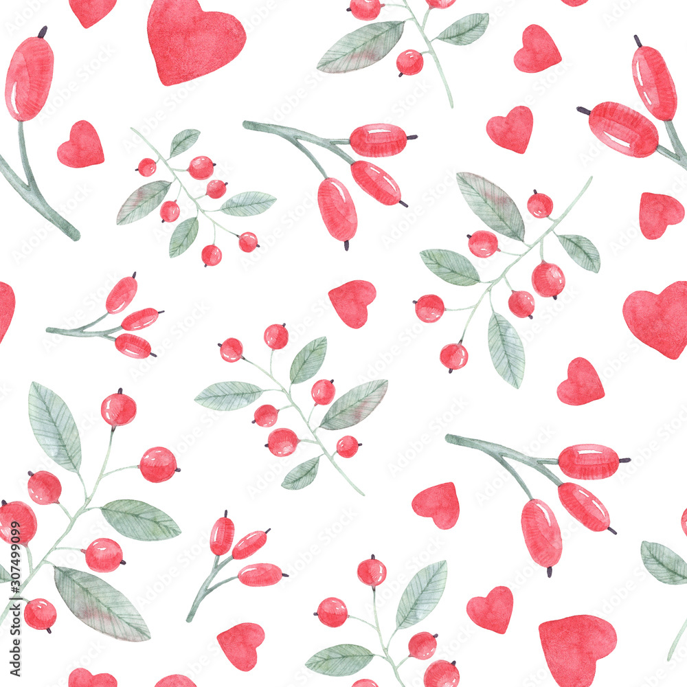 Seamless romantic pattern with watercolor berry twigs, barberry and hearts. Great for scrapbook paper design, packaging, postcards, textiles, linen, fabrics and any design.