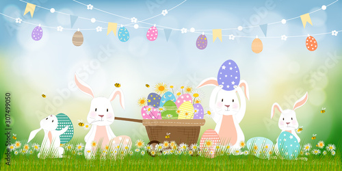 Panorama landscape of spring field with bunny hunting Easter eggs, Vector Cute cartoon rabbits and hunny bees flying in grass field with blurry bokeh light effect background