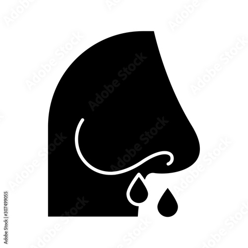 Drip nose glyph icon. Common cold. Grippe symptome. Flu infection. Runny nose, snot. Nasal illness. Healthcare. Allergy. Sneeze. Silhouette symbol. Negative space. Vector isolated illustration