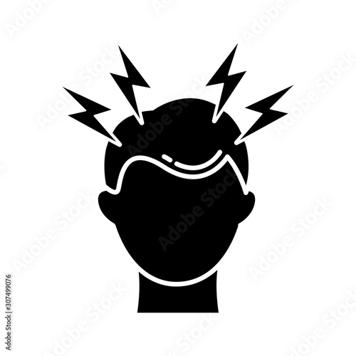 Headache glyph icon. Migraine. Head pain. Common cold symptom. Healthcare. Healthcare. Pressure and tension. Anxiety and stress. Silhouette symbol. Negative space. Vector isolated illustration