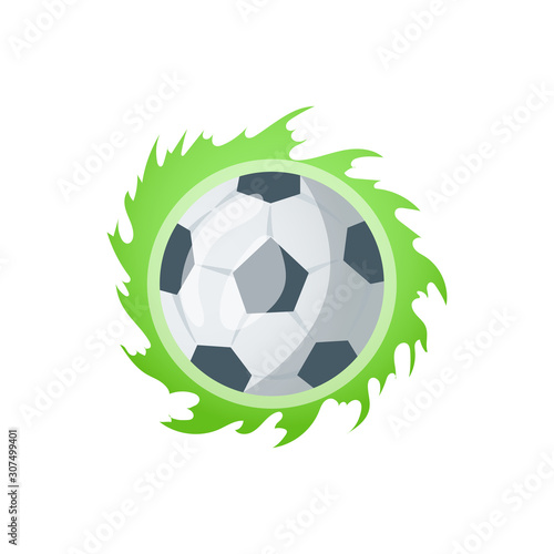 Football or soccer balls with motion trails in black and white for sporting emblems, logo design. Collection of soccer balls with curved color motion trails vector illustrations © the8monkey