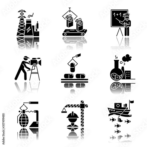 Industry types drop shadow black glyph icons set. Energy, tobacco production, education, filmmaking, pharmacology, chemical industry, arms manufacturing. Isolated vector illustrations