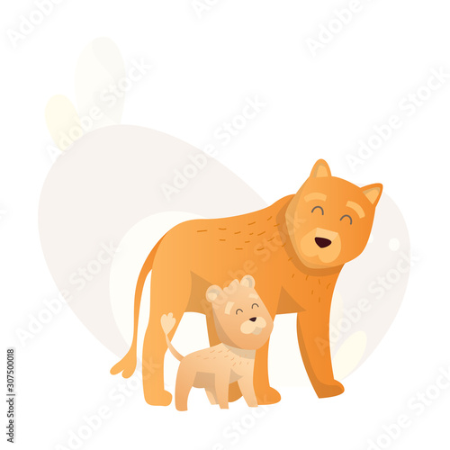 Two lion look at each other. Animals mom and baby. Cartoons cute animals in flat style. Print for clothes. Vector illustration