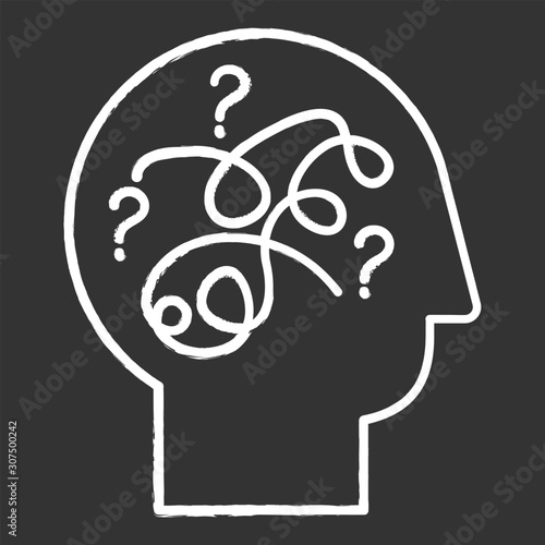 Puzzled mind chalk icon. Mental exercise. Ingenuity, intelligence test. Critical thinking. Brain teaser. Logic questions. Solution finding porcess. Isolated vector chalkboard illustration