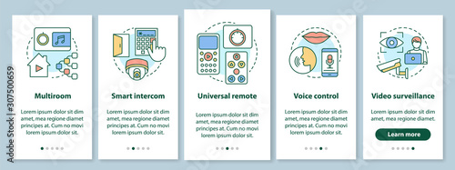 Smart home onboarding mobile app page screen with linear concepts. Automation systems for security and comfort walkthrough steps graphic instructions. UX, UI, GUI vector template with illustrations