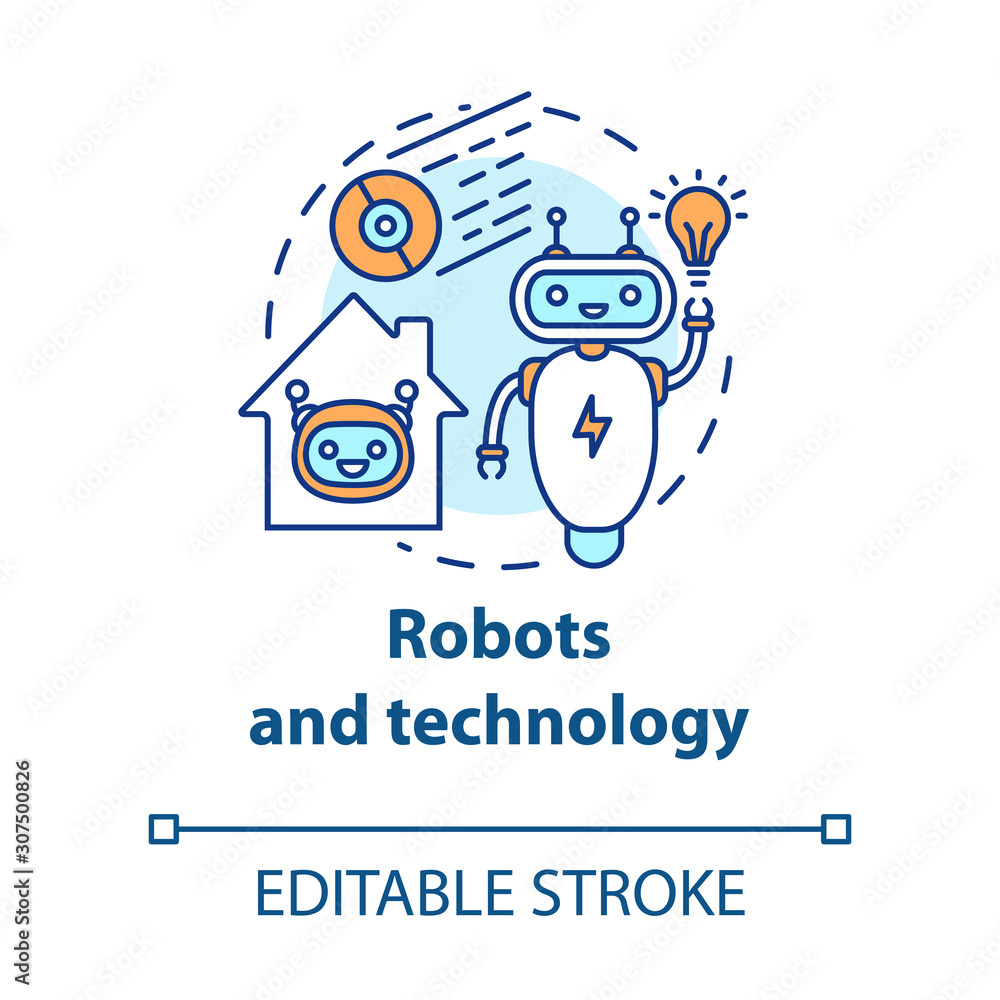 Robots and technology concept icon. Smart house management idea thin line illustration. Innovations for apartment. Artificial intelligence. Vector isolated outline drawing. Editable stroke