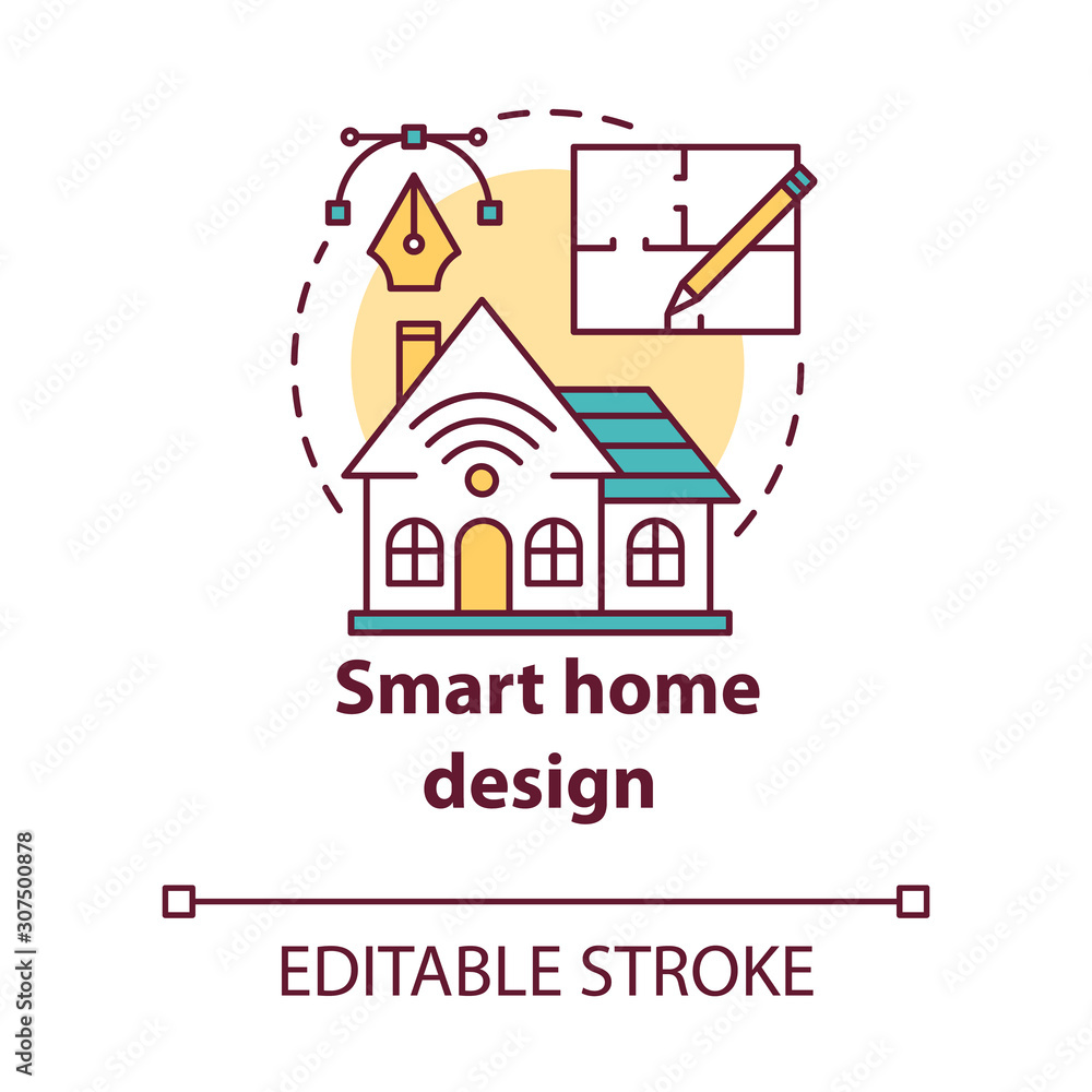 Smart home design concept icon. Modern house plan idea thin line illustration. Creating home with innovative systems. Contemporary homebuilding. Vector isolated outline drawing. Editable stroke