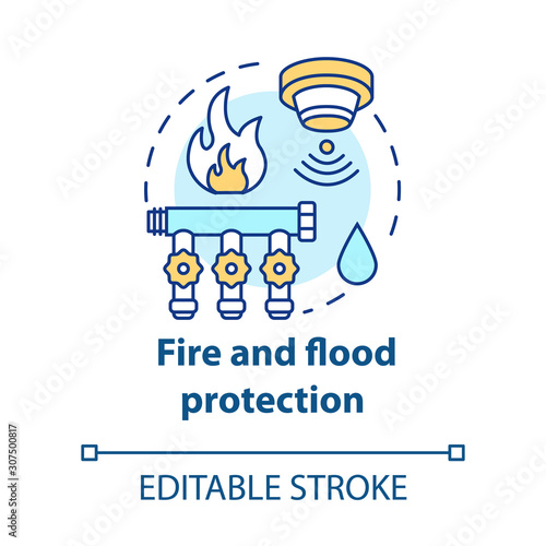 Fire and flood protection concept icon. Smart house idea thin line illustration. Innovative technology for apartment. Smoke and water detectors. Vector isolated outline drawing. Editable stroke