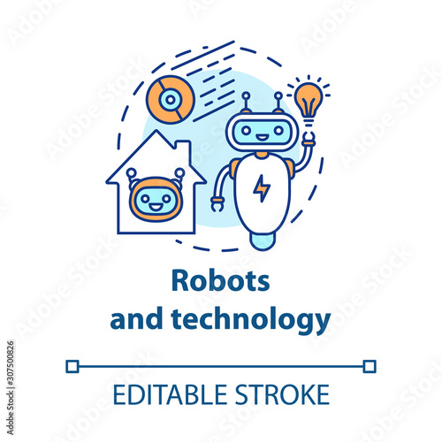 Robots and technology concept icon. Smart house management idea thin line illustration. Innovations for apartment. Artificial intelligence. Vector isolated outline drawing. Editable stroke