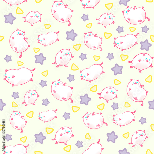 Seamless pattern with cute funny kawaii kittens. Vector illustration
