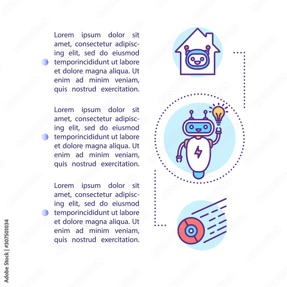 Robot and technology article page vector template. Household robotic devices. Brochure, magazine, booklet design element with linear icons. Print design. Concept illustrations with text