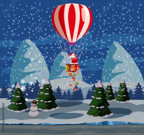 Santa Claus flying on hot air balloon Merry Christmas and Happy New Year