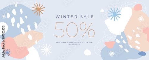 Fototapeta Horizontal banner with holiday discounts. Winter abstract pattern. Chaotic spots with natural colorful shapes. New Year's seasonal sales. Universal vector illustration for your design in a flat style.