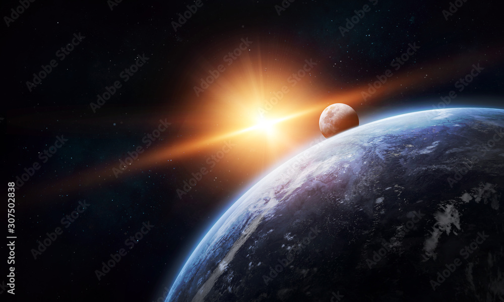 Fototapeta premium Earth planet with sloar light in space. Sun, Moon and stars. Elements of this image furnished by NASA