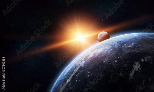 Earth planet with sloar light in space. Sun  Moon and stars. Elements of this image furnished by NASA