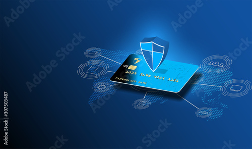 Money cards security transfers and financial transactions. Vector illustration isometric style. Online pay, electronic bill payment notification with email, mobile phone with credit card.