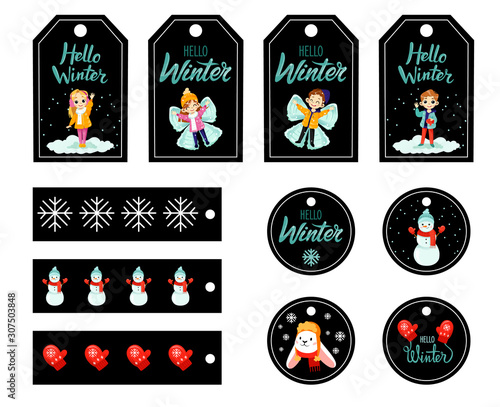 Set of Christmas gift tags with kids and fictional character, winter paraphernalia and warm wishes. Holiday gift labels for New Year. Greeting cards for Christmas time. Flat style. Vector illustration