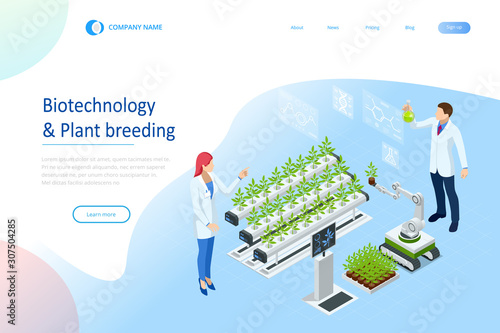 Isometric concept of laboratory exploring new methods of plant breeding and agricultural genetics. Plants growing in the test tubes.