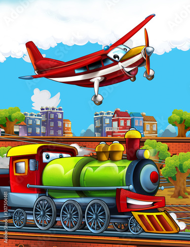 Cartoon funny looking steam train on the train station near the city and flying fireman plane - illustration for children