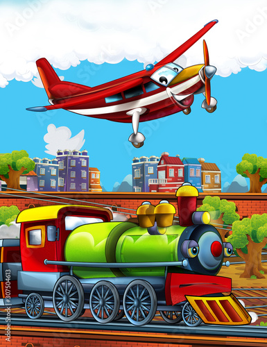 Cartoon funny looking steam train on the train station near the city and flying fireman plane - illustration for children