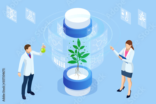 Isometric concept of laboratory exploring new methods of plant breeding and agricultural genetics. Plants growing in the test tubes.