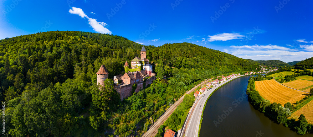 Aerial view of Zwingenberg Castle on mountain by Neckar River, Hesse, Germany