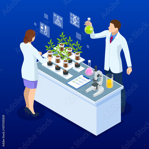 Isometric concept of laboratory exploring new methods of plant breeding and agricultural genetics. Plants growing in the test tubes.