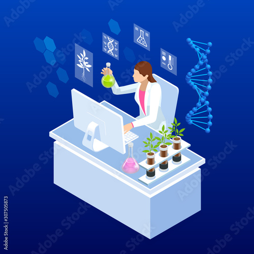 Isometric concept of laboratory exploring new methods of plant breeding and agricultural genetics. Plants growing in the test tubes.