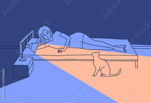 Vector illustration of a young woman lying on bed. Girl was awakened by a meowing cat. She switched on the Desk lamp, its light illuminating the cat at night. Flat cartoon style.