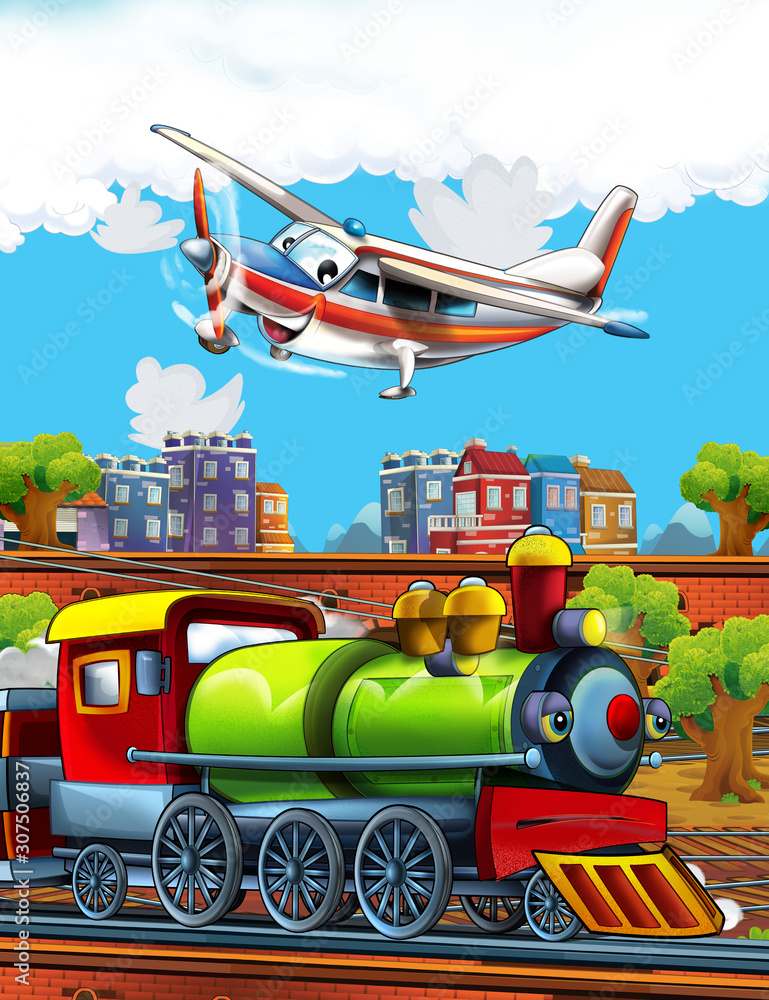 Fototapeta premium Kreskówka wyglądający zabawnie parowóz na dworcu w pobliżu miasta i lecący samolot - ilustracja dla dzieci