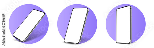 Smartphone frameless blank screen mockup template perspective view.Realistic smartphone mockup. Mobile phone in different angles of view. Violet, Blue smartphone template. 3d Vector illustration photo