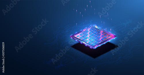 Abstract tech web site.Trendy HUD background,colorful. Futuristic design of an Artificial Intelligence chip with Tech elements. Futuristic microchip processor with lights on the blue background.Vector