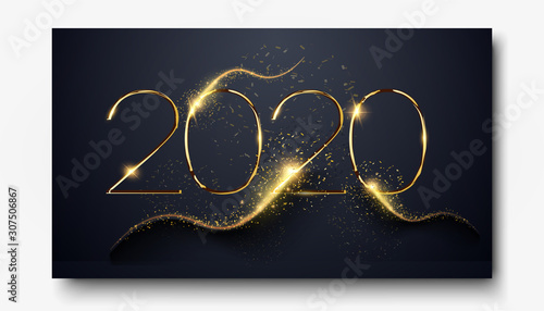 Happy New Year 2020. Number 2020 written sparkling sparklers isolated on black background. New year 2020 party firework flyer template design. Poster for booklet design.Decoration element. Vector