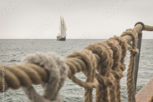 Denmark, Baltic sea, Traditional sailing ship seen from gaff schooner deck?