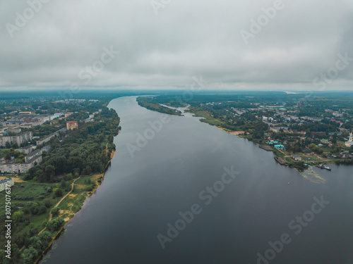 Aerial view of Volga river against cloudscape, Moscow, Russia photo