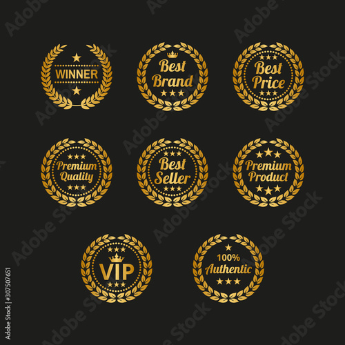 Set of golden laurel wreaths on black background.