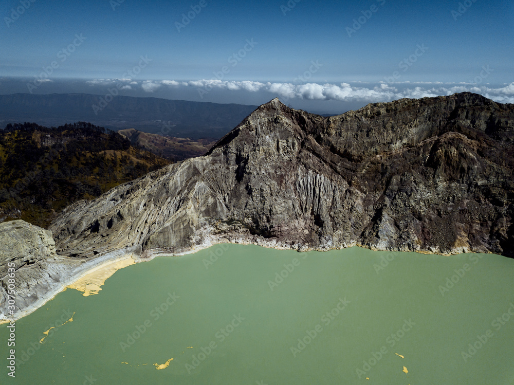 Indonesia, Java, Aerial view of green sulphuric lake of Ijen volcano Indonesia, Java, Aerial view of green sulphuric lake of Ijen volcano