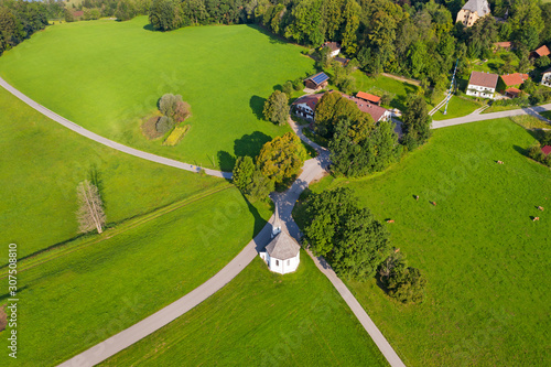 Aerial view of Chapel St. Leonhard at Harmating, Germany photo