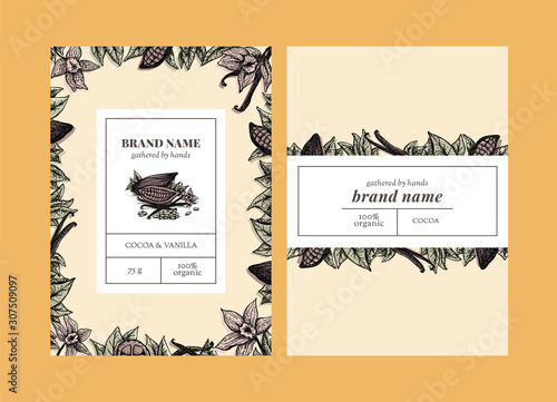 Vector set of package design with cocoa and vanilla hand drawn elements. Packaging template collection with vanilla pods and flowers and cocoa fruits, leaves and beans.