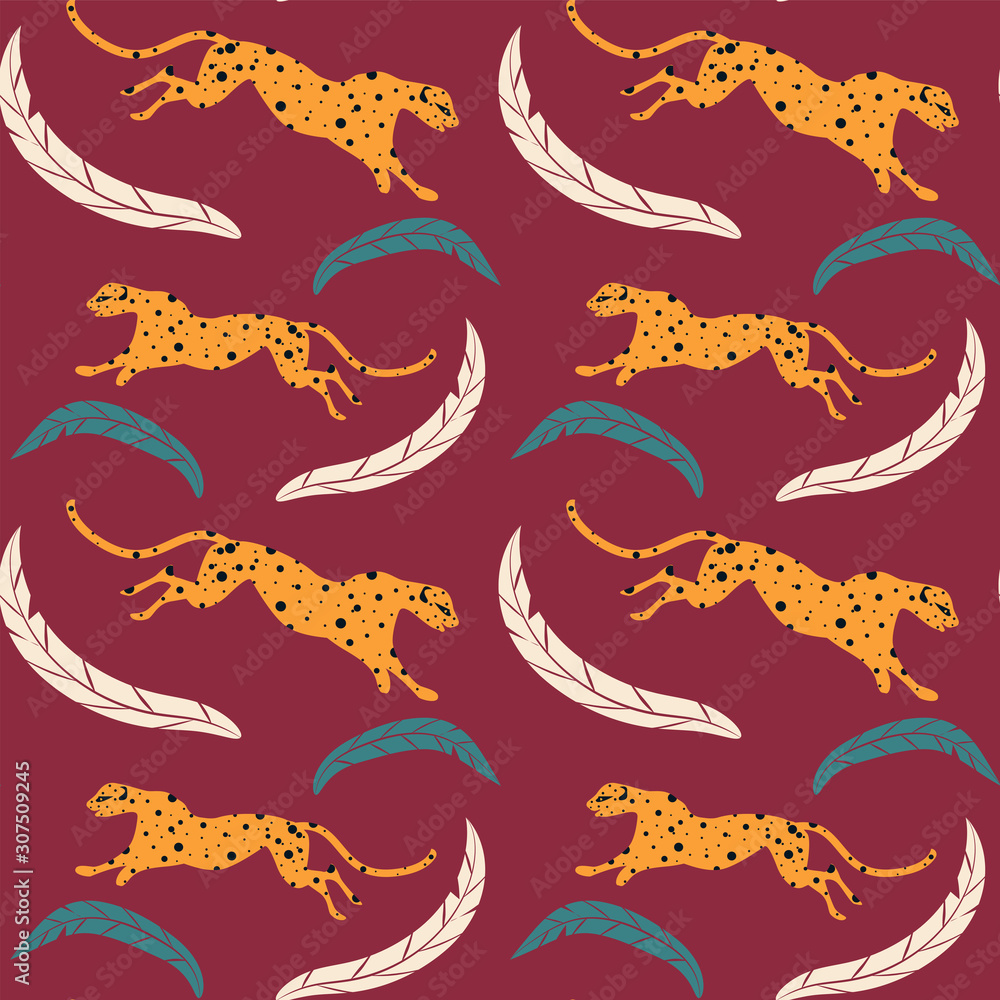 Pattern - jaguar running on a bright red background - fairy tale, mythology  - vector. Animal world Stock Vector | Adobe Stock