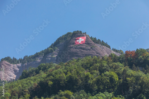 Switzerland, Lucerne, Vitznau, Swiss flag on forested hillside in summer photo