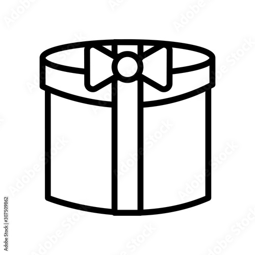 Black and white small simple linear icon of a beautiful festive New Year Christmas gift in a round hat box with a ribbon and a bow isolated on a white background. Vector illustration
