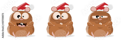 funny cartoon collection of a hamster with christmas hat