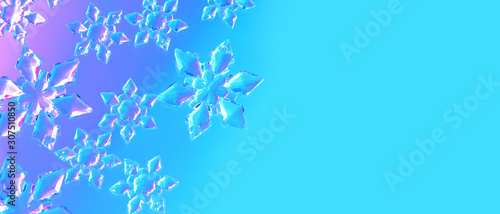 Banner with Clear glass snowflakes in neon light on gradient blue and purple background. Minimal christmas concept. Open composition. Copy space.