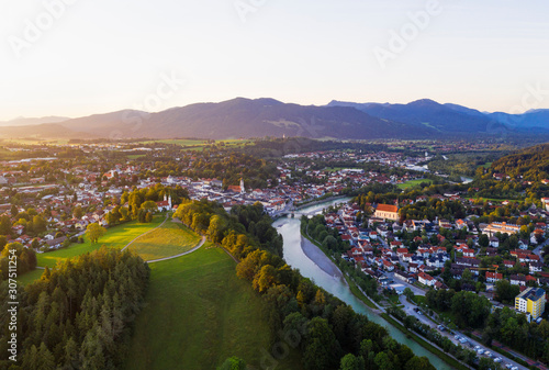 Aerial view of Calvary hill and Isar river against sky, Isarwinkel, Upper Bavaria, Bavaria, Germany photo